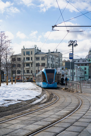 Moscow, Russia, 16th, February, 2019. View of the tramway from Tverskaya Street.のeditorial素材