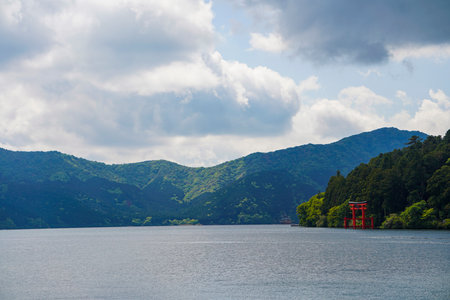 Hakone, Japan, 10th, May, 2018. The landscape view with torii of Hakone Shrine at Lake Ashi in the background. The Hakone Shrine is a Japanese Shinto shrine on the shores of Lake Ashi in the town of Hakone.のeditorial素材