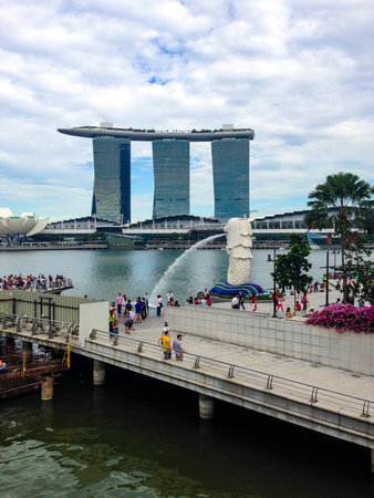 Singapore, 2nd, October, 2015: Landscape view of Singapore with Marina Bay Sands and Merlion Park in...