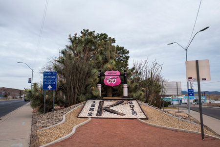 Arizona, America, 8th, March, 2018: View of Locomotive Park with Route 66 sign and Kingman city sign.のeditorial素材