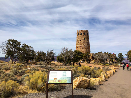 Arizona, America, 9th, March, 2018: Information about the Desert View Watchtower, is a 70-foot (21ÃÂ m)-high stone building located on the South Rim of the Grand Canyon.のeditorial素材