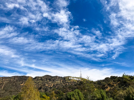 California, America, 19th, March, 2018: View of the Hollywood Sign, is an American landmark and cultural icon overlooking Hollywood.のeditorial素材