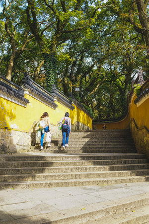 Zhejiang, China, November, 2018: Stairs lead to the Fayu Temple.