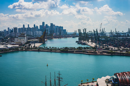 Singapore, April, 2019. View of the Keppel Harbour seen from the Singapore Cable Car.のeditorial素材