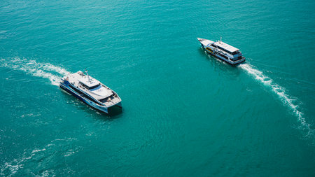 Singapore, April, 2019. View of the boats seen from the Singapore Cable Car.のeditorial素材