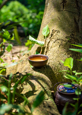 Tea culture, outdoor brown teacup on the trunk. Green leaves on background.の写真素材