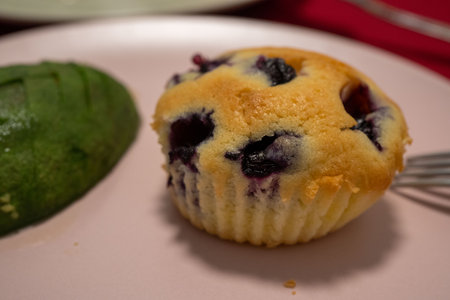 Delicious breakfast, blueberry cake and avocado.の写真素材