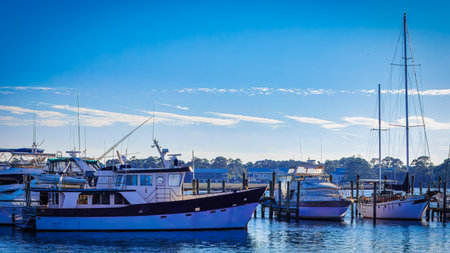 A group of boats are docked in a marina, with one of them being a sailboat. The sky is clear and blue, and the water is calmの写真素材