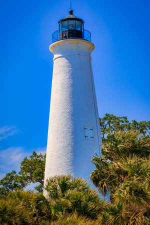 A tall white lighthouse stands in front of a tree. The sky is clear and blue. The lighthouse is the focal point of the image, and the tree provides a natural background. Concept of calm and serenityの写真素材