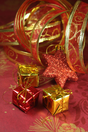 Christmas decoration on a red backgroud.の写真素材
