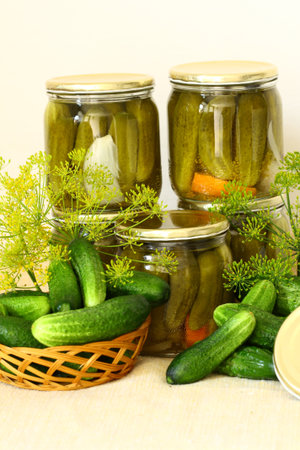 Preparing preserves of pickled cucumbers.の写真素材