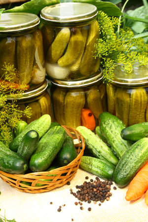 Preparing preserves of pickled cucumbers.の写真素材