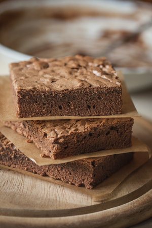 Fresh baked chocolate brownie with yogurt の写真素材