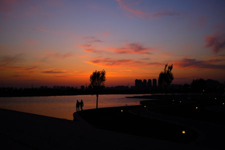 evening scenery beside the lakeの写真素材
