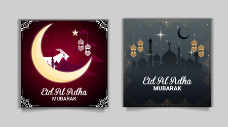Eid al Adha Mubarak Islamic festival social media banner and Eid Mubarak Post Templateのイラスト素材