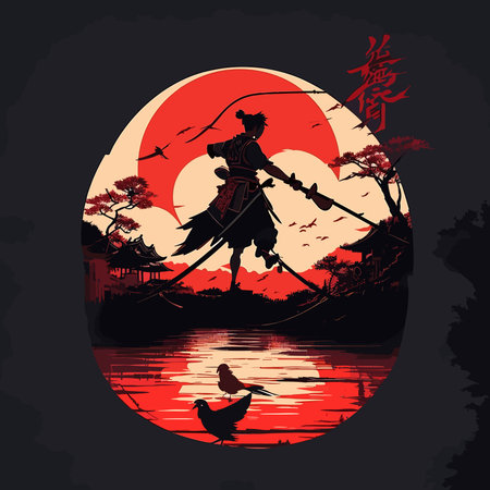 Chinese zodiac sign - Sagittarius. Silhouette of a warrior on the background of the sun and the sea.のイラスト素材