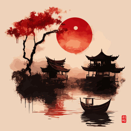 Chinese traditional style landscape. Landscape with silhouette of traditional Chinese house, boat and lake. Vector illustration.のイラスト素材