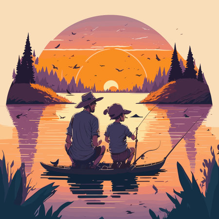 Fishermen fishing on the lake at sunset. Vector illustration.のイラスト素材