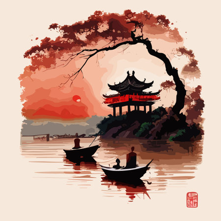 Chinese landscape with ancient architecture and boat on water. Vector illustration.のイラスト素材