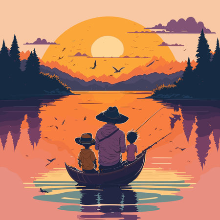 Fisherman in a boat on the lake at sunset. Vector illustrationのイラスト素材