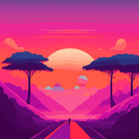 Landscape with a road in the mountains at sunset. Vector illustrationのイラスト素材