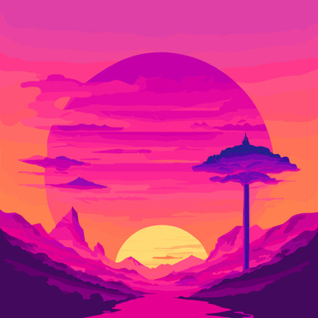 Sunset in the mountains. Vector illustration. Colorful background.のイラスト素材