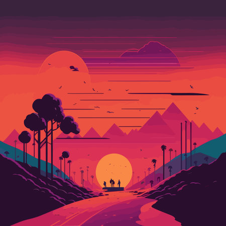 Landscape with mountains and road at sunset. Vector illustration in flat styleのイラスト素材