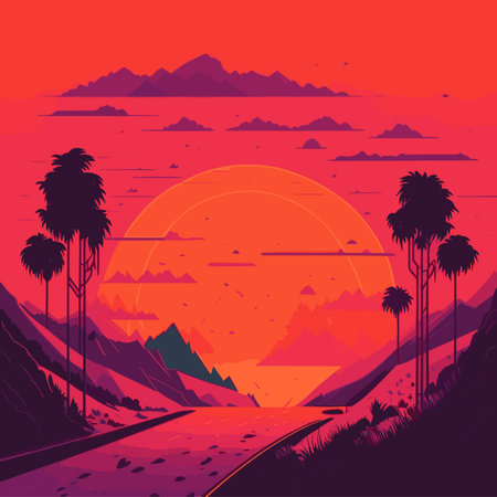 Landscape with road and mountains at sunset. Vector illustration in flat styleのイラスト素材