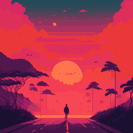 Silhouette of a man walking on the road at sunset. Vector illustrationのイラスト素材