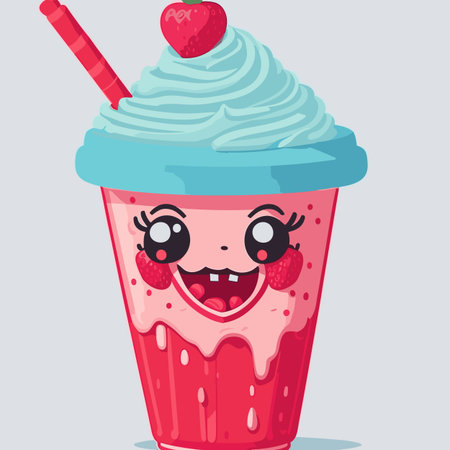 Cute cartoon strawberry milkshake with whipped cream. Vector illustrationのイラスト素材