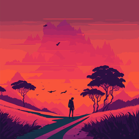 Vector illustration of a woman walking along a road in the mountains.のイラスト素材