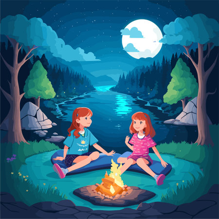 Two girls sitting near the campfire at night. Vector illustration.のイラスト素材