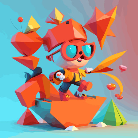 Vector cartoon illustration of a little boy playing with colorful origami.のイラスト素材