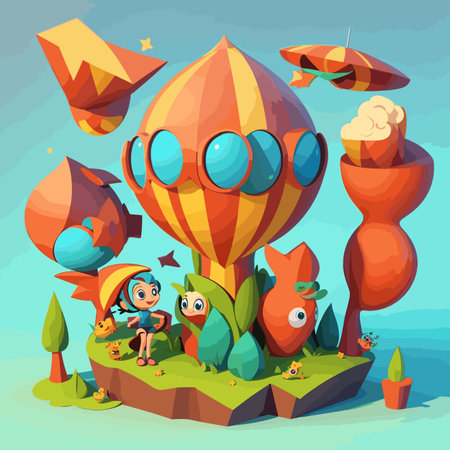 Cartoon vector illustration of children flying in hot air balloons and other elementsのイラスト素材