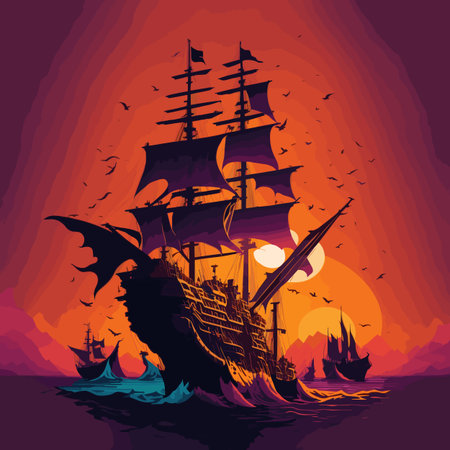 Silhouette of a pirate ship in the sea. Vector illustrationのイラスト素材