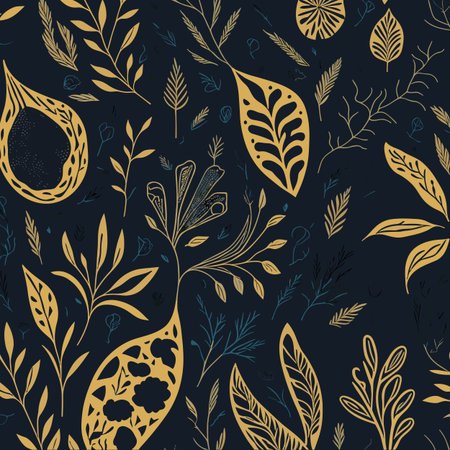Seamless vector pattern with hand drawn leaves and branches on dark blue backgroundのイラスト素材