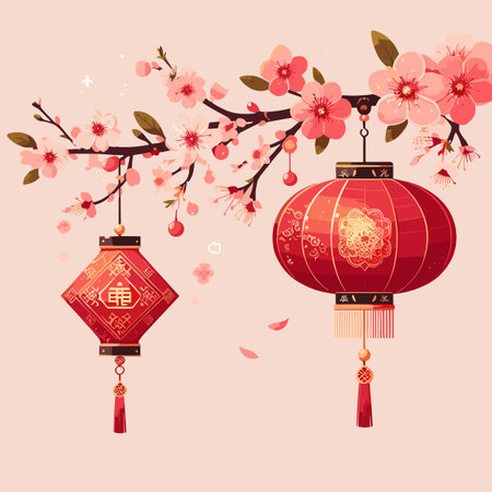 Chinese New Year red lanterns and cherry blossom. Vector illustration.のイラスト素材