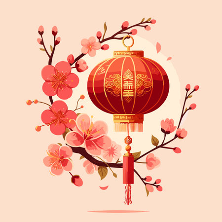 Chinese New Year greeting card with red paper lanterns and cherry blossom. Vector illustration.のイラスト素材