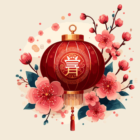 Chinese New Year red lantern with plum blossom. Vector illustration.のイラスト素材