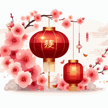 Chinese New Year red lanterns with cherry blossom. Vector illustration.のイラスト素材