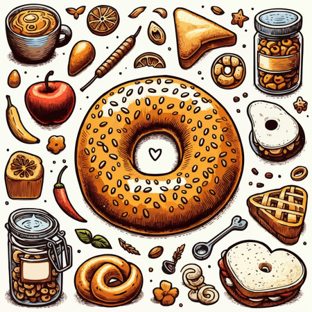 Vector set of hand drawn donuts, coffee and sweets in vintage style.のイラスト素材