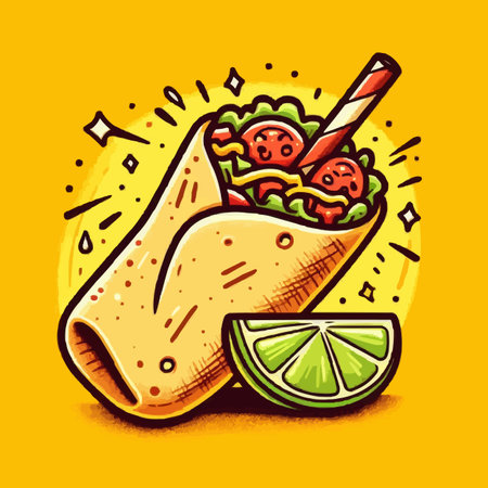Illustration of mexican tacos with lime on yellow background.のイラスト素材