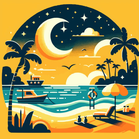 Vector illustration of a night beach with palm trees, sun loungerschair, sunbeds and a ship in the sea.のイラスト素材
