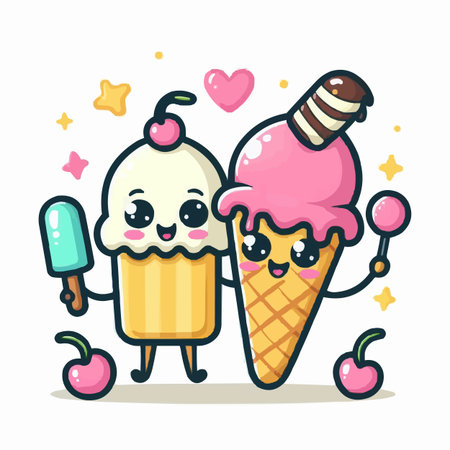 Cute ice cream cartoon character vector illustration. Cute ice cream character design.のイラスト素材