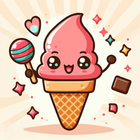 Cute Kawaii Ice Cream Cute Cartoon Style Vector Illustrationのイラスト素材
