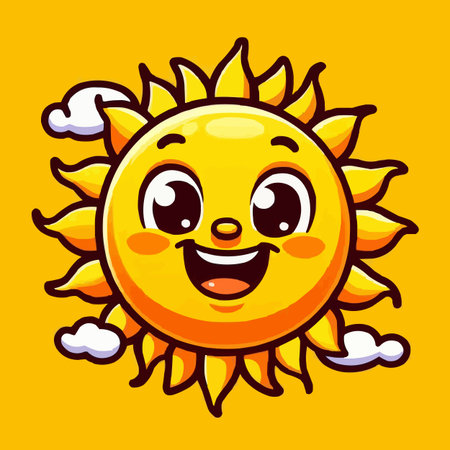 Cute cartoon smiling sun character. Vector illustration isolated on yellow background.のイラスト素材