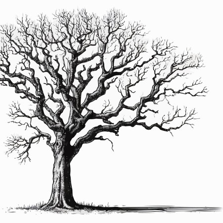 19th century engraving of an old oak tree isolated on whiteのイラスト素材