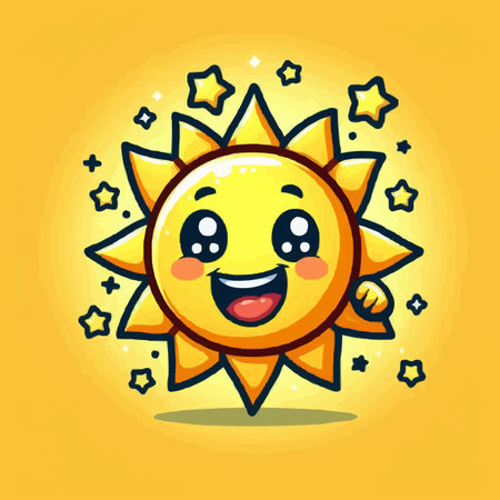 Cute cartoon sun character with happy expression. Cute summer vector illustration.のイラスト素材