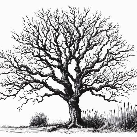 Illustration of old oak tree. Black and white vector illustration.のイラスト素材