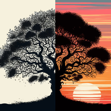 Tree silhouette on colorful sunset background, vector illustration, eps10のイラスト素材